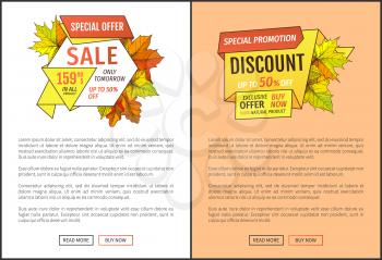 Fifty percent discount special offer sale only tomorrow. Promo price 159.90 advertisement autumn posters with orange and yellow leaves, text sample