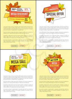 Fifty percent discount special sale offer. Promo price 159.90 advertisement autumn posters set with orange and yellow leaves, text sample and push buttons