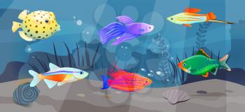 Underwater ocean fauna with fishes, seaweed and shells on sand. Ocean bottom with marine life reprsentatives. Marine underwater world with exotic fishes. Bright tropical fish floating on seabed