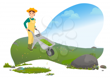 Farmer character going with truck by green grass. Smiling landscape designer in work clothes holding trolley near rock. Professional work in agricultural industry, cloudy sky in countryside vector