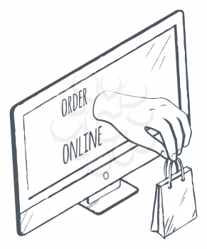 Shopping and ordering online via internet. Isolated monochrome sketch of laptop screen with hand holding bag. Digital services for shoppers. Icon for shops and stores selling items vector in flat