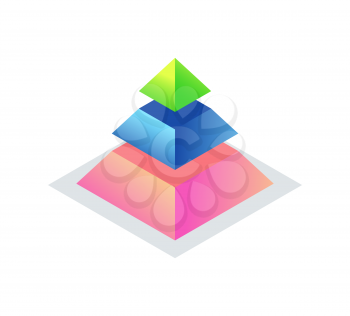 Pyramid of colored pieces on square, 3d triangle from stairs or parts, graphic symbol of business success, marketing process, geometric element vector