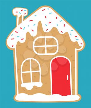 Gingerbread house, traditional christmas cookies. Confectionery shaped building that made of glazed pastry dough, cut and baked ias walls and roofing. Vector illustration of bakery sweet food