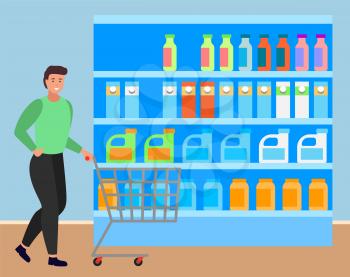 Man with shopping cart choosing dairy products. Male character looking at bottles with milk and yogurt standing in refrigerator of supermarket. Personage with trolley at groceries department