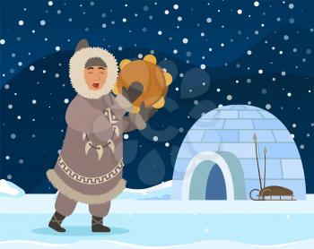 Eskimo man stand near shelter igloo. Indigenous north person in warm clothes like coat, gloves and boots. Arctic guy doing traditional rite with drum sound. Vector illustration, beautiful landscape