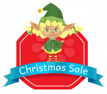 Christmas sale, holiday discounts poster. Elf stand on label with advertising caption. Little girl in green traditional costume and hat. Promotion label with fairy character. Vector illustration