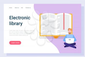 Wireless device for education, people communication with e-book. Man character sitting with laptop and reading, online technology, studying vector. Landing page template, website or webpage flat style