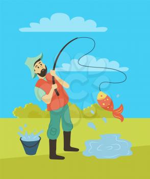 Leisure time vector, man with fishing rod on nature catching fish. Person relaxing, pastime of character surrounded by trees and greenery flat style