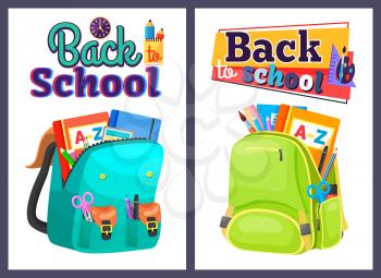 Colored school backpack. Education and study back to school, schoolbag luggage, rucksack vector illustration. Kids school bag with education equipment. Backpacks with study supplies. Student satchels
