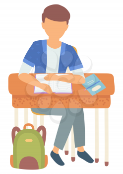 Boy sitting by desk in school vector, isolated schoolboy with book and textbook writing ideas on subject. Satchel bag on floor, education in college. Back to school concept. Flat cartoon