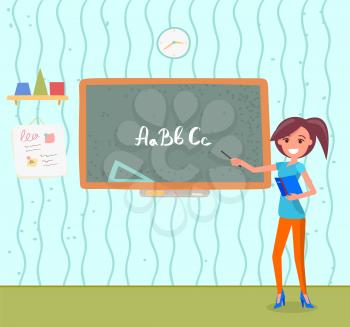 Girl with pointer and textbook near chalkboard in classroom. Young female teacher on alphabet lesson at blackboard in primary school vector illustration. Back to school concept. Flat cartoon