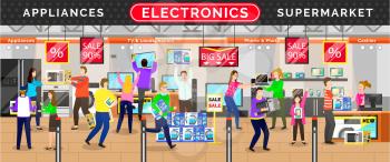 Big discounts in supermarket with electronics equipments. Appliances and tv sale, phone and camera, man and woman buying, people holding box, retail. Happy people on black friday sale or cyber monday