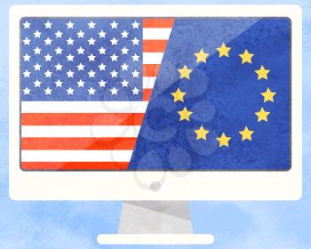 America and European Union flags on monitor, international business vector. United States and Europe cooperation and interaction, entrepreneurship. US and Europe business economic war