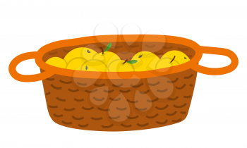 Wicker basket with yellow apples with leaves, picking fruit in wooden pottle. Sweet product, fresh nutrition, element of orchard, agricultural food vector. Picking apples concept. Flat cartoon