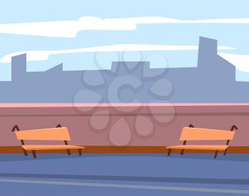 Bench outdoor, exterior of cafe or restaurant, urban and relax place. Skyscraper view, wooden seat on roof, buildings shadow, architecture vector. Application game development scene