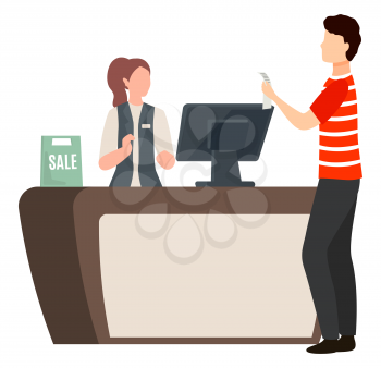 Man stand near checkout table with receipt. Woman working in market as cashier and assistant. Guy buy products and seller charge payment. Sale in store, caption on label. Vector illustration in flat