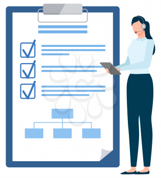 Manager working with targets, business success, checkmark icon. Employee holding paper with plan strategy, development and solution, international vector