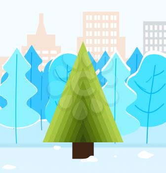 Winter park with fir-tree in center of snowy land. Urban forest with cityscape view and traditional symbol Christmas tree in city. Spruce sign near high buildings with snow-falling weather vector