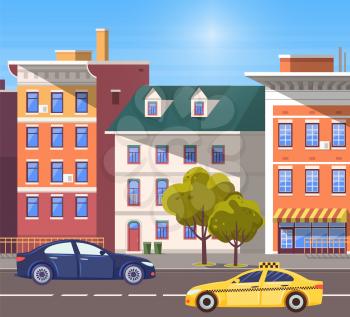 Urban landscape with modern infrastructure, buildings and busy road with cars and vehicles. City transport, traffic on street. Cityscape with houses facades. Highway with colorful cars. Flat cartoon