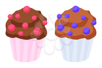 Two tasty cupcakes isolated on white. Cakes with pink and blue decoration. Baked dessert from natural ingredients. Chocolate muffins in cups. Vector illustration of closeup confection in flat style