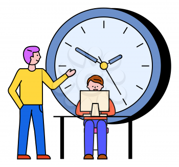 Working character with boss. Office worker with laptop, typing info on personal computer. Clock as sign to time management and deadline. Organization of tasks and workplace vector in flat style