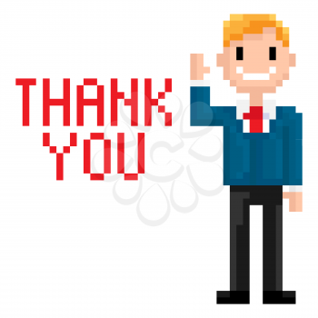 Pixel man greeting vector, pixelated character saying thank you and waving his hand, isolated male smiling and expressing thanks, businessman smiling
