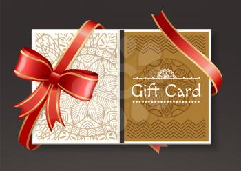 Gift card decorated by ribbon and big bow in red color. Festive postcard with text template and pattern white. Invitation icon or coupon with golden frame and elegant stripes on black. Present voucher