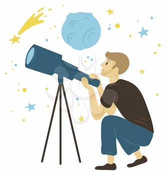 Hobby of researching and discovering planets, milky way and moon or asteroid. Side view of man character with telescope, looking through lens vector