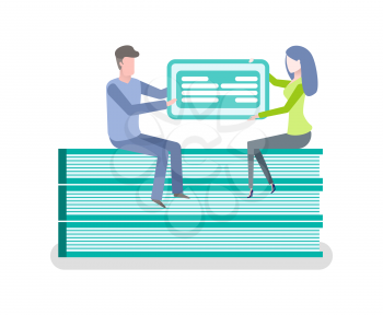 Sitting man and woman holding financial empty blank, online payment, checkbook template, electronic form filling, banner cash account, document icon vector