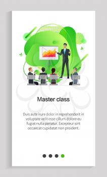 Master class, workers sitting and discussing presenter standing near board with chart report knowledge course, employees training, group vector. Website or app slider template, landing page flat style