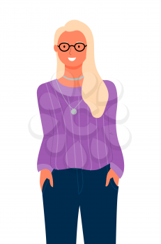 Business woman portrait, isolated blonde lady in glasses. Vector pretty female in purple sweater and trousers, cartoon style girl full length, smart manager