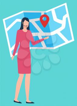 Woman character showing location on map, logistics worldwide, gps technology. Presenter and shipping tracking, delivery service, international business, presentation element, transportation vector