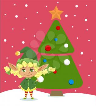 Elf girl decorating Christmas tree for celebration. Happy dwarf and New Year, fairy tale character in green costume. Santa helper with toy ball, fairy tale character decorating fir vector illustration