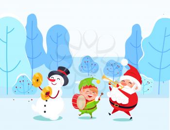 Musical group of cartoon characters playing instrument in winter park. Santa Claus, snowman and elf fairy hero singing song in snowy forest. Players with drum and fife objects near fir-trees vector