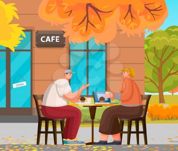 Man and woman romantic day in cafe. Couple sitting on terrace with cup of hot beverage and brownie. Leisure of male and female in coffeehouse outdoor. Autumn view and exterior of restaurant vector