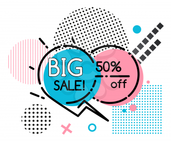 Up to 50 percent off on big sale. Promotion on circle outline stickers, advertising blue and pink bubbles. Simple geometric poster with lines and dots. Vector abstract illustration in minimalism