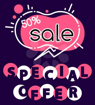 Special offer sale 50 percent lowering of price, promotional banner with text and shapes. Half cost reduction on products in store. Promo at market, discounts clearance, vector in flat style