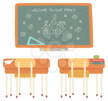 Blackboard with drawing vector, classroom interior, wooden desks with books and school supply. Furniture and items for education. Table and chair. Back to school concept. Flat cartoon