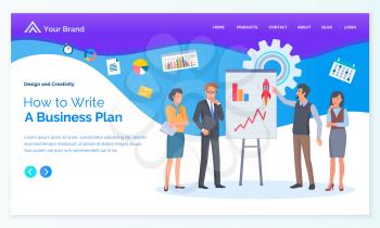 Workers standing near board with graph, people brainstorming. Man and woman discussing business plan, successful strategy, corporate technology vector. App slider template, landing page in flat style