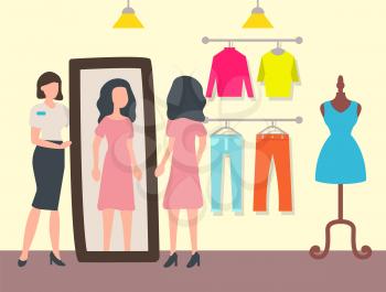 Customer and shop assistant, fashion shop or store interior vector. Woman trying dress in front of mirror and clothes on racks and dummy, sale and discount