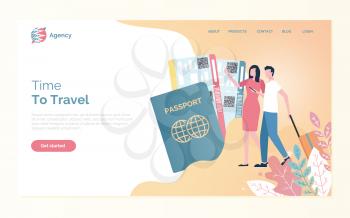 Time to travel of man and woman going with bag, passport and fly tickets. Webpage with people going on journey, business trip or vacation, online agency vector