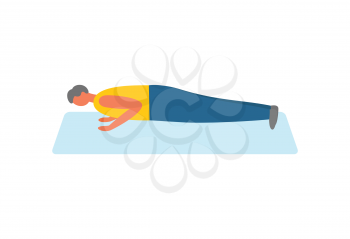 Sport and exercise, man doing push-ups on rug vector. Pumping biceps, healthy lifestyle and daily workout, morning training isolated male character
