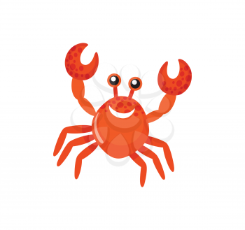Smiling red crab with raised claws, sea animal, colorful glossy creature in flat design. Decoration water symbol, fishing icon isolated on white vector