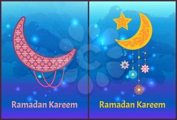 Ramadan Kareem posters set crescent moon and stars, internationally-recognized symbol of Islam decorated by ornamental trinket vector arabian holiday cards