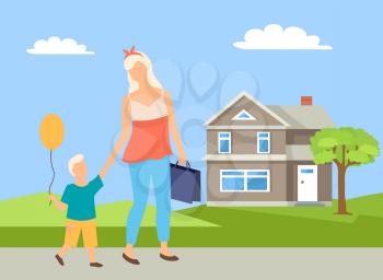 Mom holding hand of son going on road near tree and building, parent and kid with balloon, portrait view of family characters in casual clothes vector
