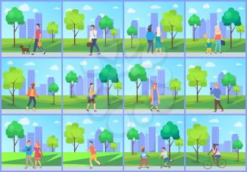 People walking in city park, man and woman going outdoor, family leisure and sporty activity, male and female character walk near trees and building, set vector