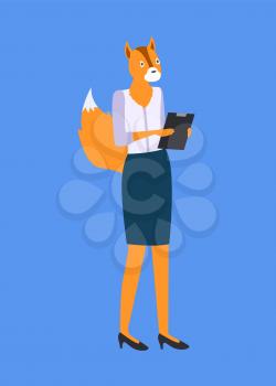 Woman with fox or squirrel head and tail, holding folder isolated on blue. Vector hipster animal, metaphor costume, unidentified business person cartoon character