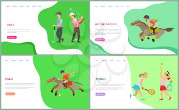 People in sportswear playing golf, tennis and polo, horse racing. Sport activity, male and female character training, championship or hobby vector. Website or webpage template, landing page flat style