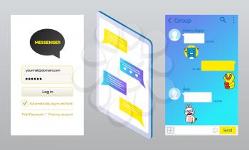 Korean messenger kakao talk pages vector, interface of login and password filling form and chatting box. Stickers and emojis for conversation expression