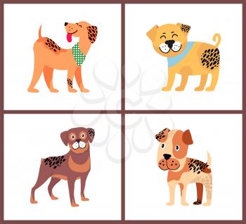 Adorable small puppies with happy excited faces. Weimaraner in neckerchief, plump bullmastiff, cute rottweiler and boxer puppy vector illustrations.